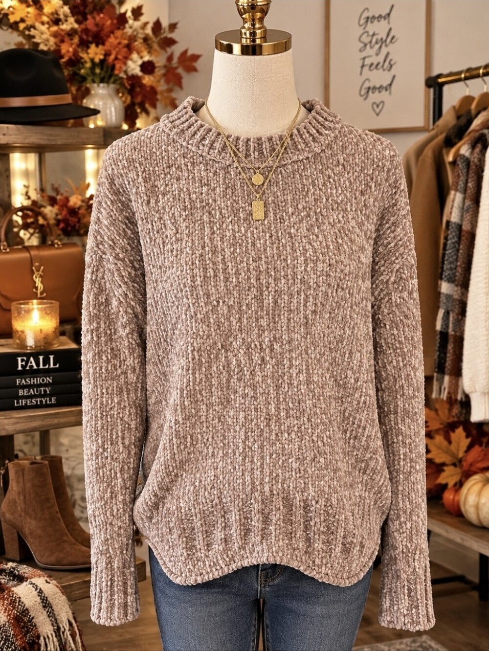 CYNTHIA ROWLEY Cozy Taupe Chenille Crewneck Knit Sweater- Medium